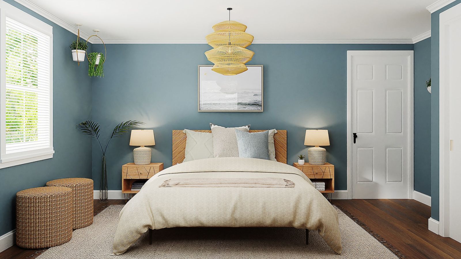 舒適的視覺光波進入大腦影響賀爾蒙發散，為了讓房間散發出好好睡覺的氛圍，房間油漆顏色選用藍、白、灰三色可以發揮最大效用